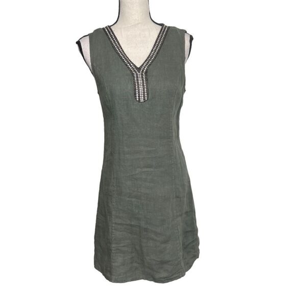 LINA TOMEI Army Green Sleeveless Linen Dress. Size Small - Picture 2 of 8